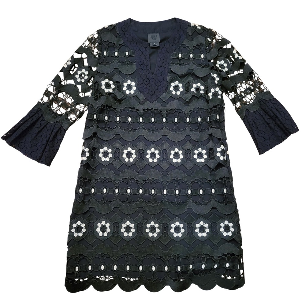 Anna Sui Black Lace‎ Floral Embroidered Shift Dress Bell Sleeve 6 Whimsigoth